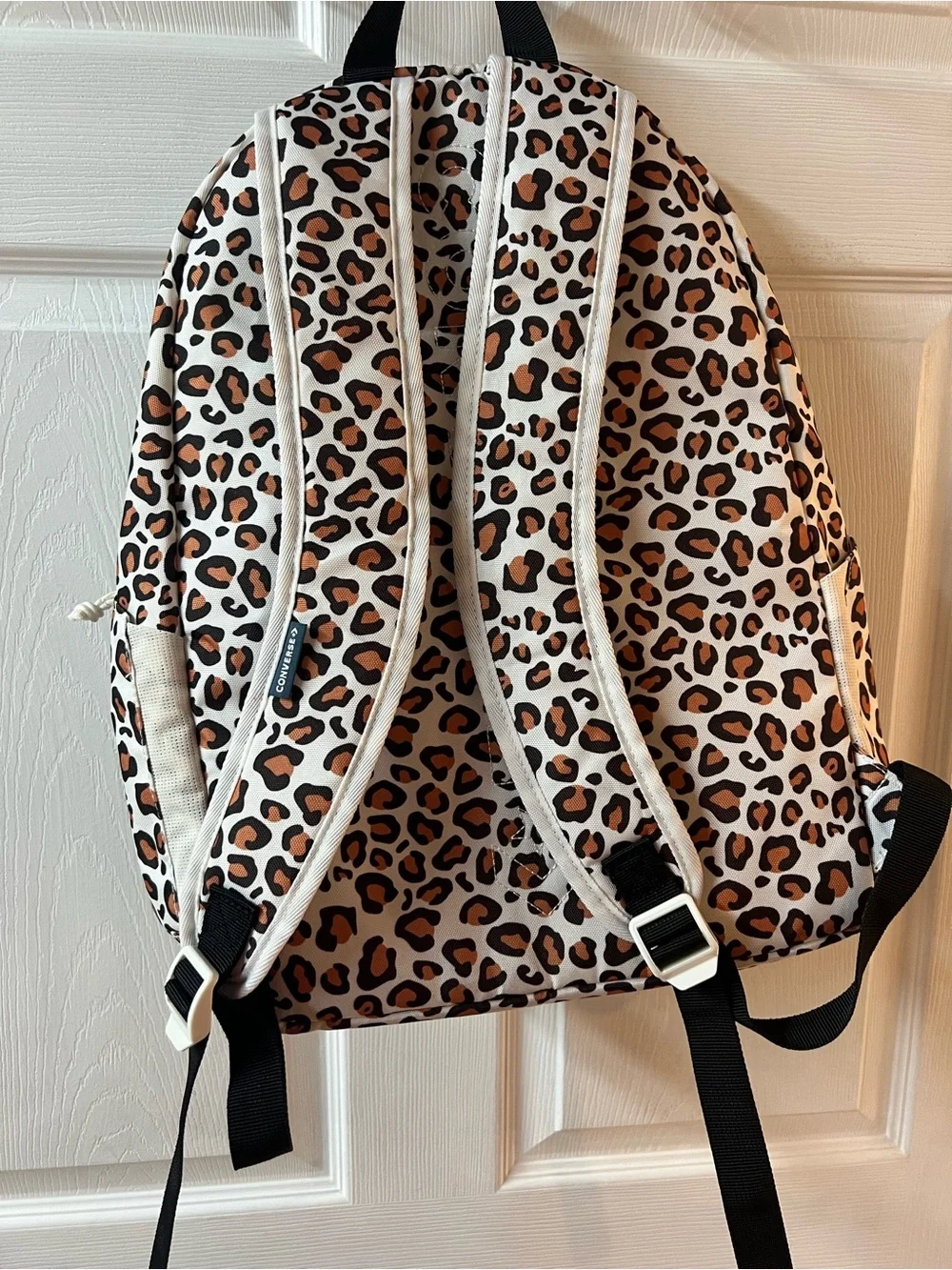 Converse White Leopard Print Backpack with Tan and Black Spots